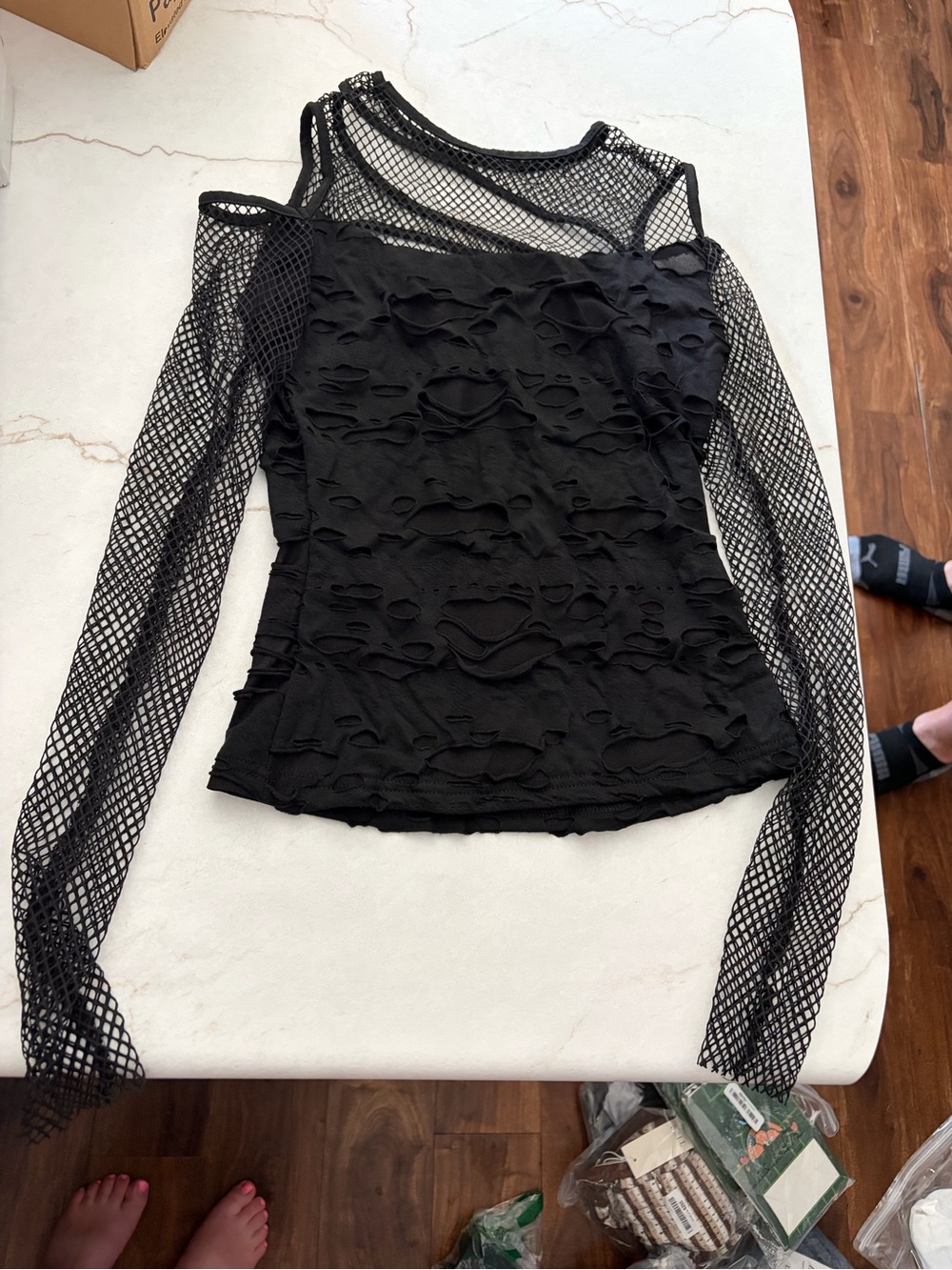 New Black Distressed Mesh Long-Sleeve Top - Women